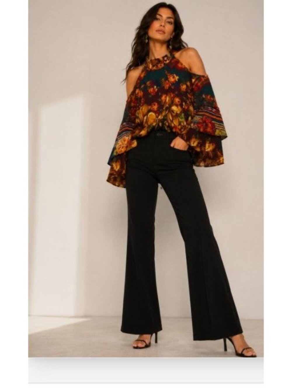 FARM Floral Cold Shoulder Bell Sleeve Boho Blouse Tropical Festival Top Resort
